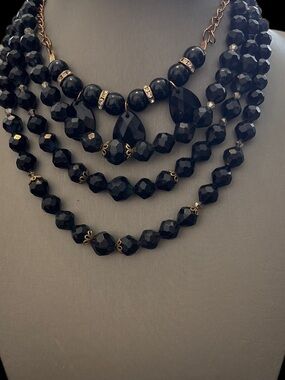 Black Multi-Strand Beaded Statement Necklace - Unbranded